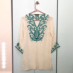 THML Ivory and Teal Blue Embellished Tunic